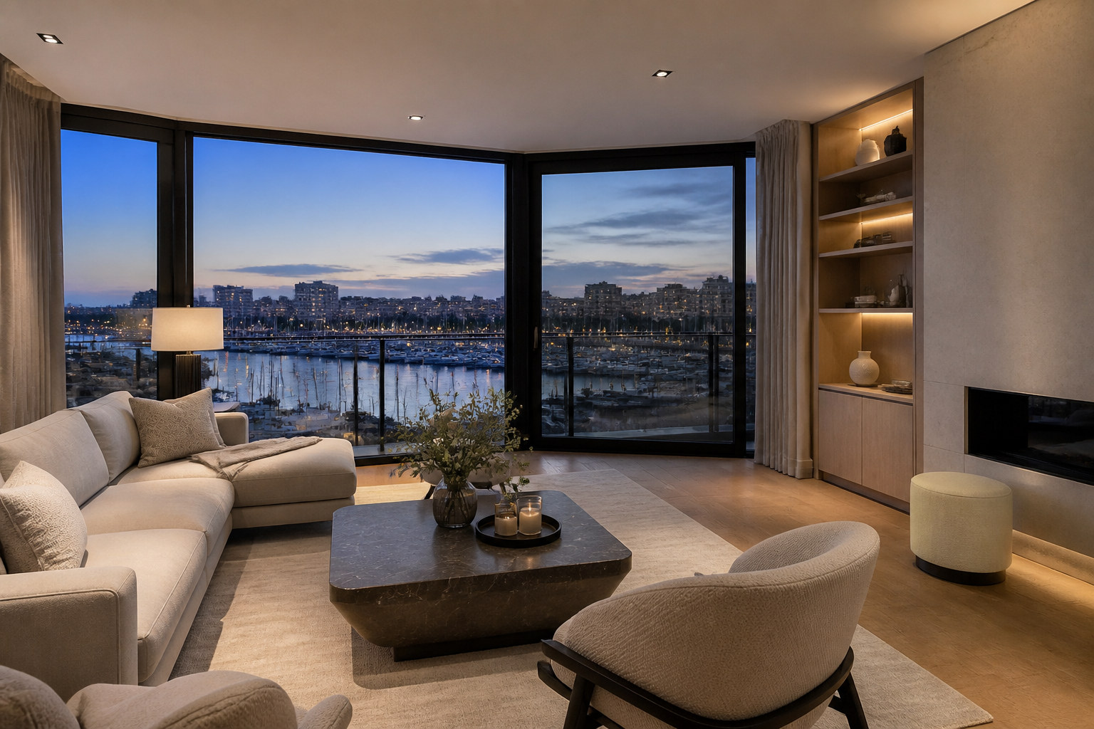 Professioneel gefotografeerd penthouse-interieur met zicht op een jachthaven