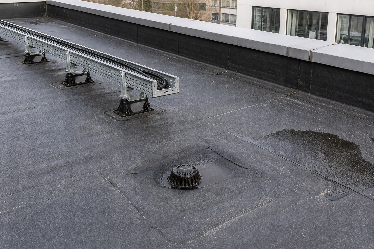 Duidelijk detailbeeld van een plat dak en afvoer