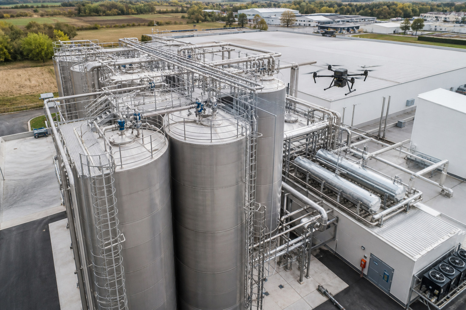 Industriële site met roestvrijstalen silo’s, leidingwerk en inspectiedrone