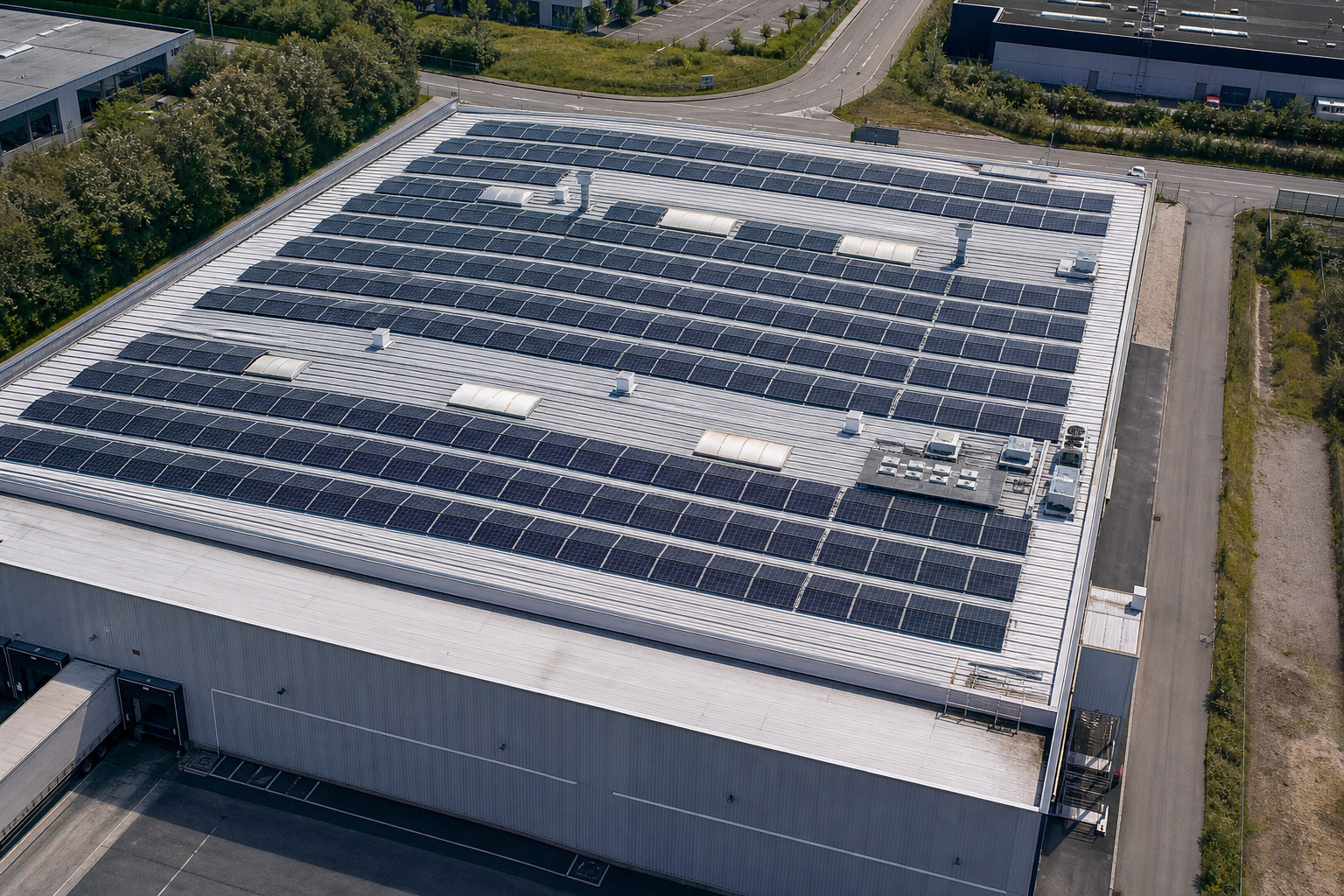Industrieel dak met zonnepanelen