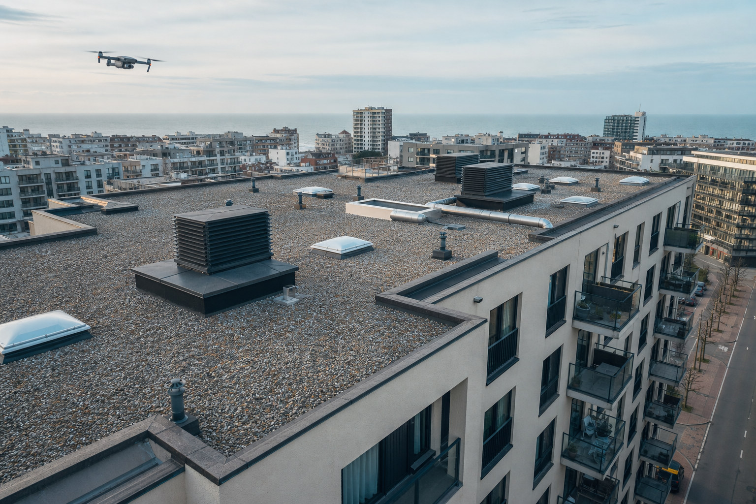 Dronebeeld van een appartementsgebouw met plat dak en technische dakinstallaties